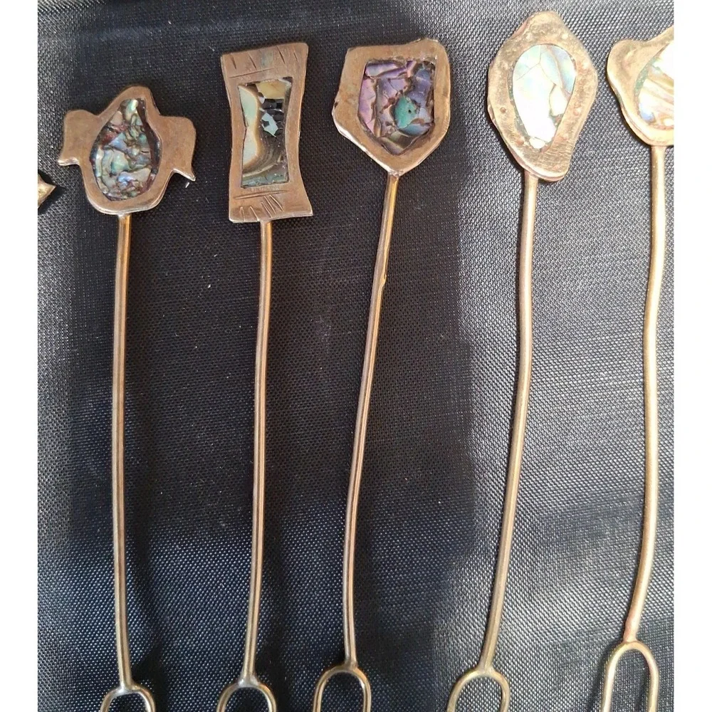 22 Vintage Mexican Alpaca Silver Cocktail Forks/Picks with Abalone Inlay